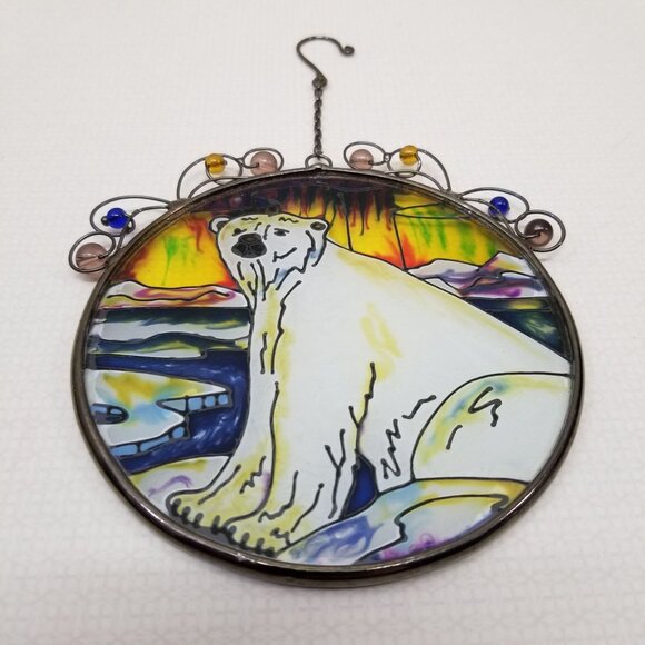 Polar Bear Stained Glass Window Catcher Home Decor Beaded Winter Scene - Picture 2 of 5
